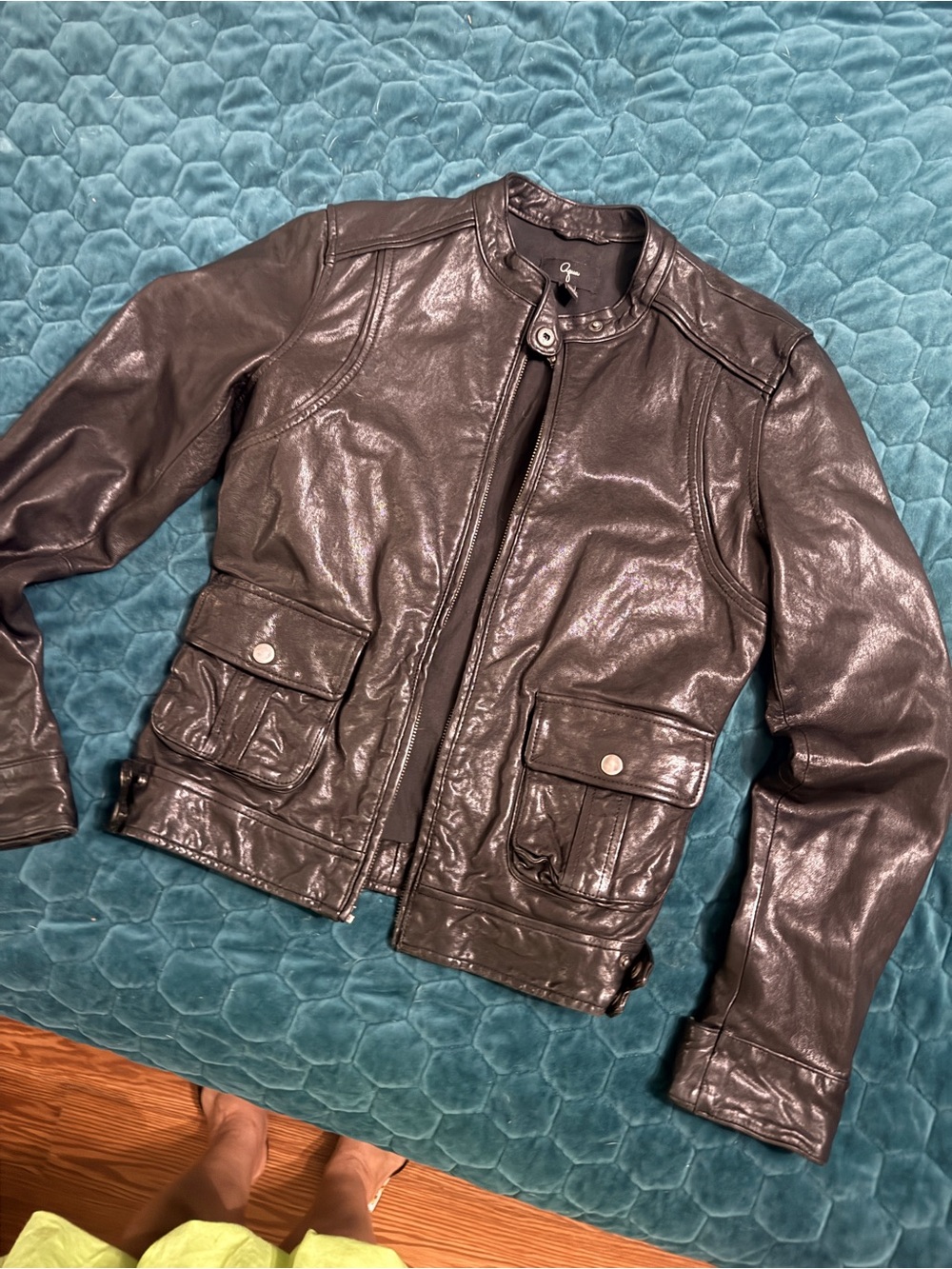 Aqua XS 100% Leather Bomber Jacket with Snap Pockets
